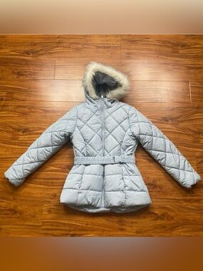 Pistachio Girls Baby Blue Faux Fur Hooded Quilted Jacket Size Medium 10/12 Girly
